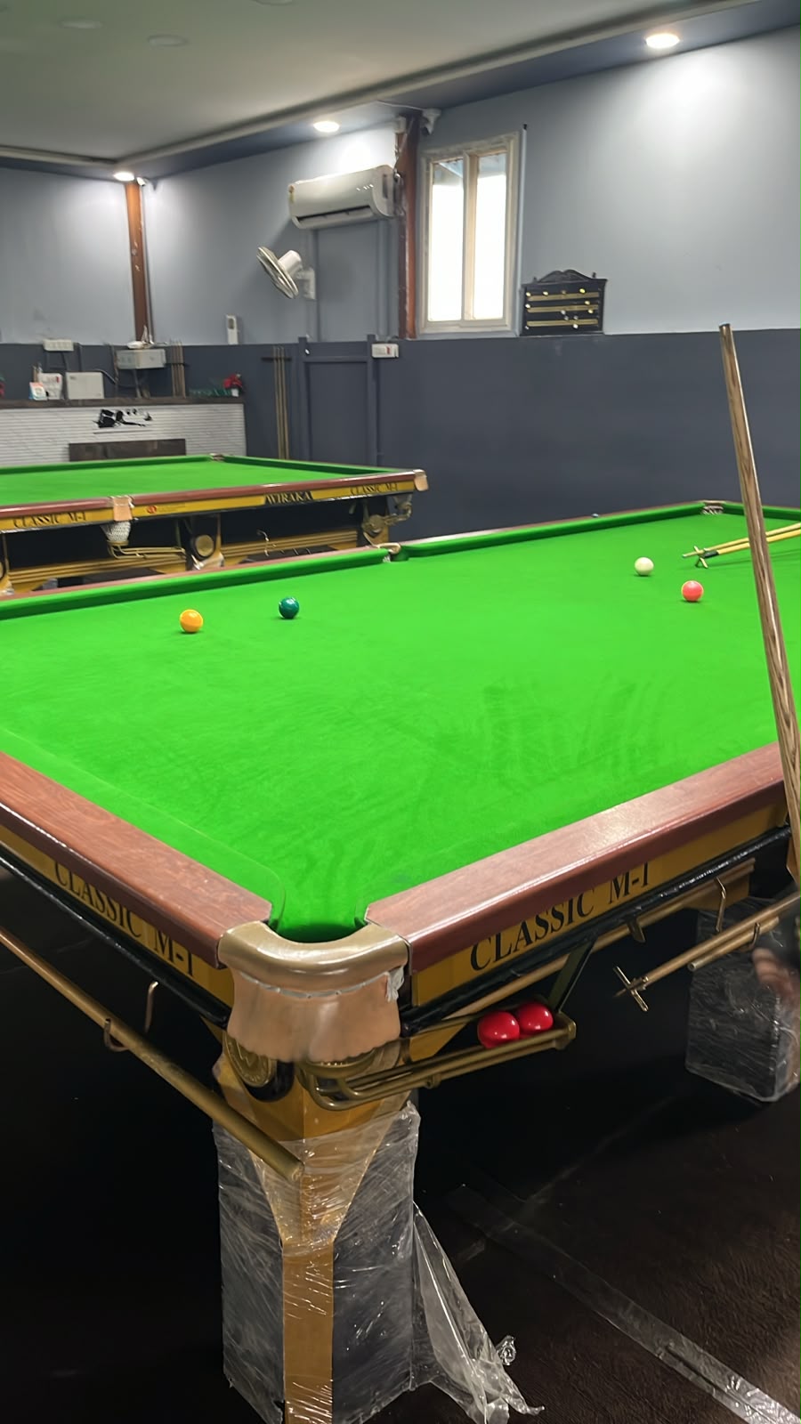 Close-up of snooker table with colored balls